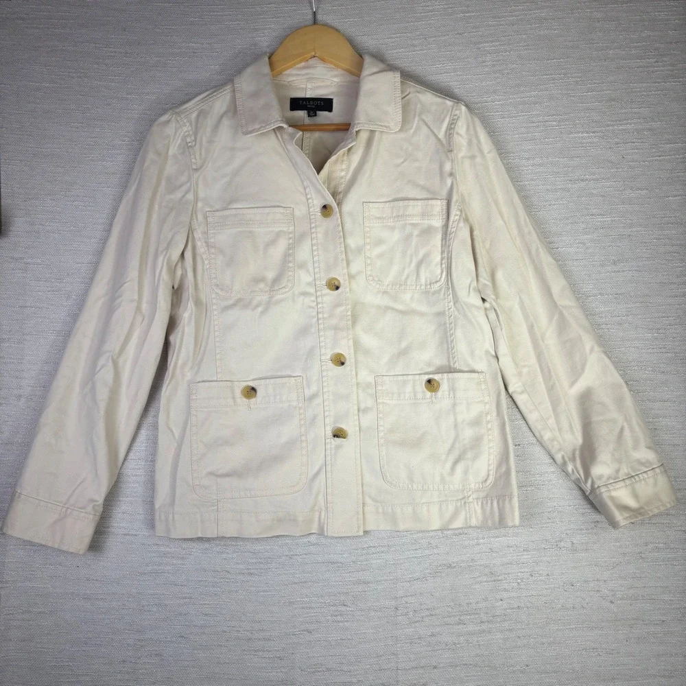 Talbots Petite Ivory Cotton Tencel Utility Field Jacket Cream Size MP Medium
